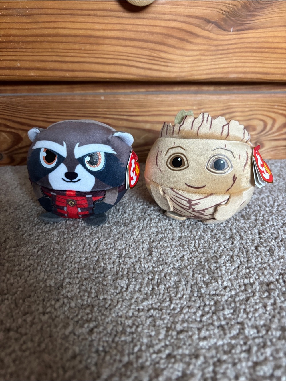 Ty Beanie Balls Rocket Raccoon and Groot Plush Set - Brown, Tan, Red